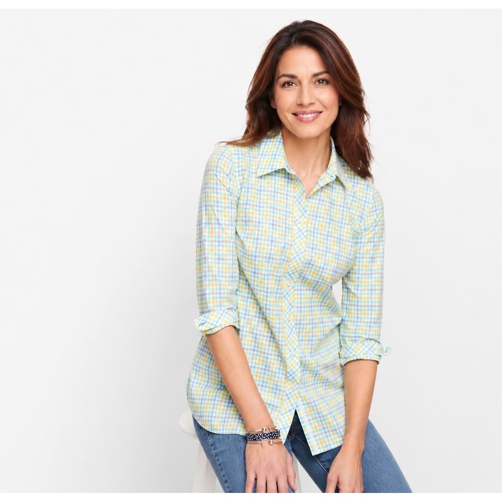 Talbots Plaid Button Down‎ Shirt Pastel Madras Cotton Collared Womens M